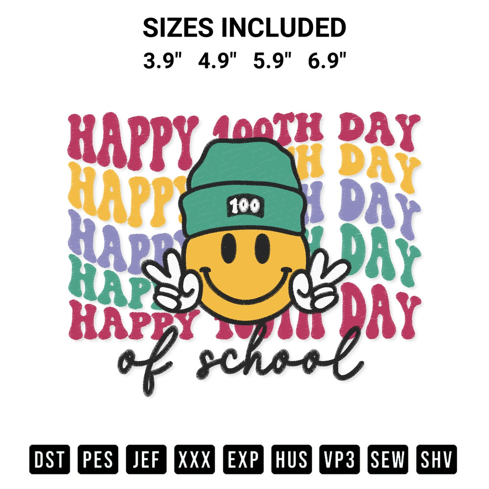 Create amazing crafts with the Smiley Face 100 Days Of School Embroidery Design embroidery file. High-quality digital download from Designspacks.com, perfect for beginners and pros. Available sizes: 3.9", 4.9", 5.9", 6.9".