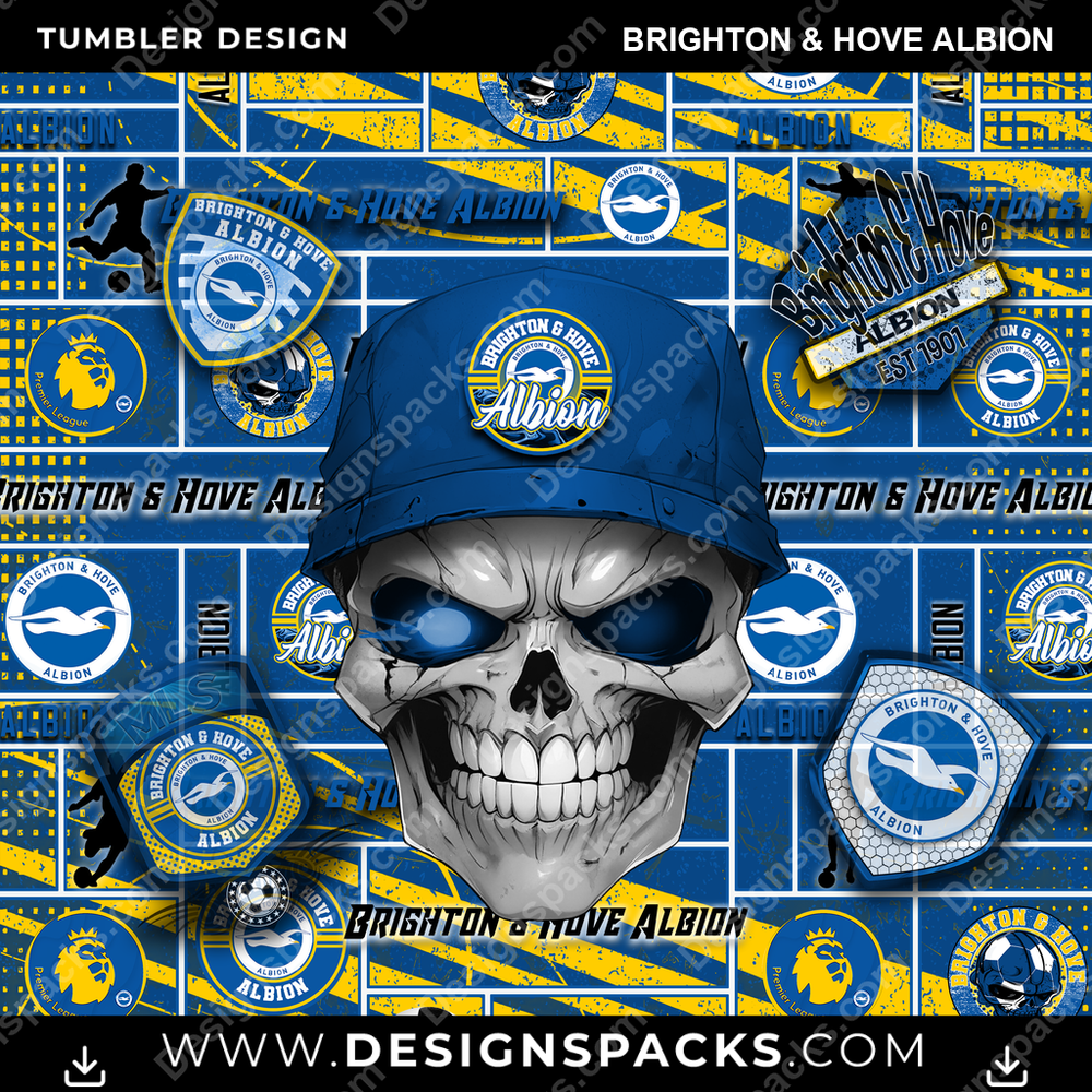 Soccer UK Skull Brighton & Hove Albion MLS Soccer Tumbler Digital Wrap Design Download