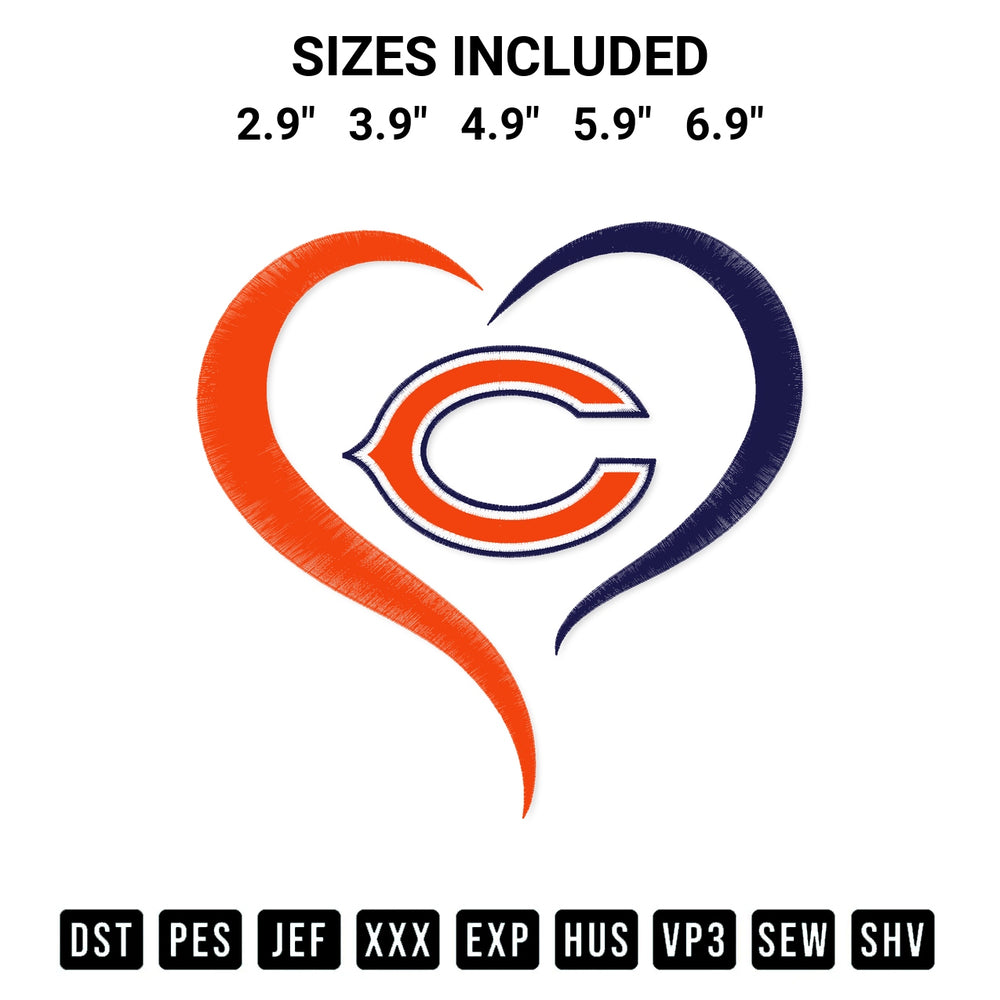 Shop the Chicago Bears Heart Embroidery Design machine embroidery pattern at Designspacks.com. Beautifully digitized for flawless stitching on any fabric. Available sizes: 2.9", 3.9", 4.9", 5.9", 6.9".