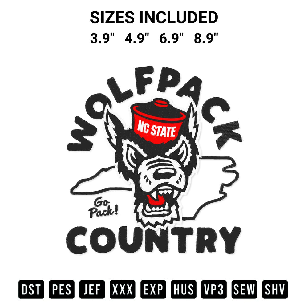 Stitch like a pro with the Nc State Wolfpack Country Go Pack Embroidery Design embroidery pattern from Designspacks.com. High-quality digital machine embroidery file. Available sizes: 3.9", 4.9", 6.9", 8.9".