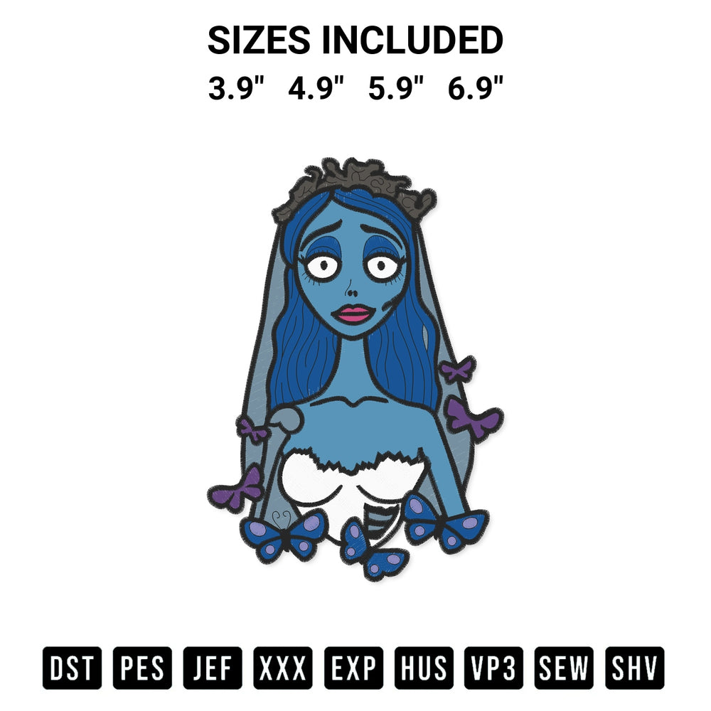 Transform your fabrics with the Corpse Bride Emily Embroidery Design embroidery design. Instant access to premium digitized patterns at Designspacks.com. Available sizes: 3.9", 4.9", 5.9", 6.9".