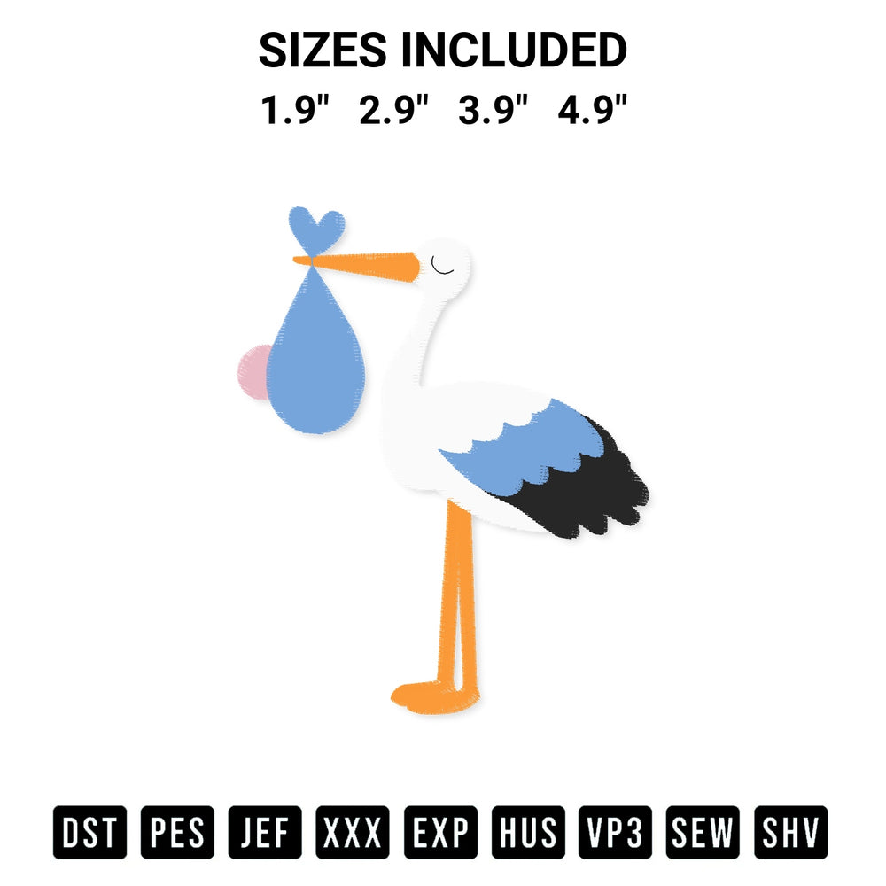 Get the Stork And Baby Embroidery Design embroidery design for your custom crafts! Premium digitized files available for instant download at Designspacks.com. Available sizes: 1.9", 2.9", 3.9", 4.9".