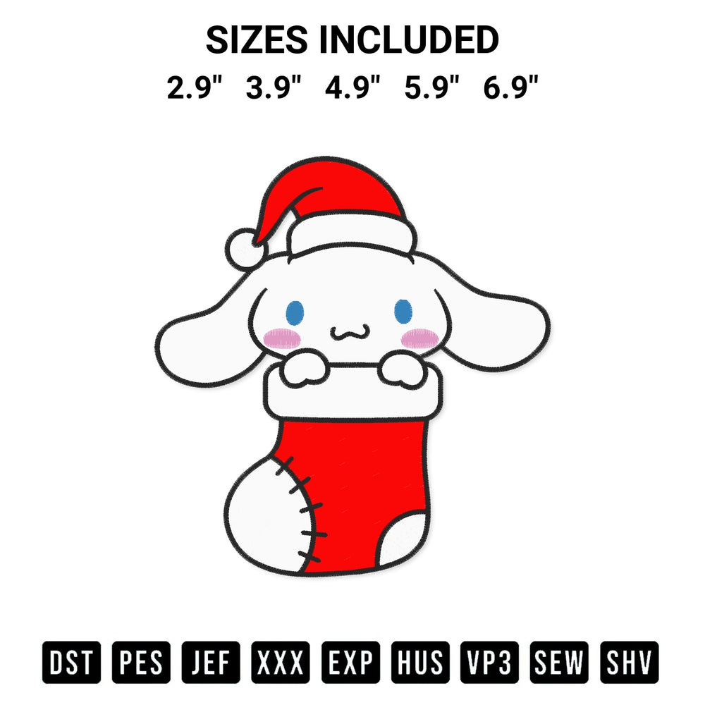 Shop the Cinnamoroll In Stocking Christmas Embroidery Design machine embroidery pattern at Designspacks.com. Beautifully digitized for flawless stitching on any fabric. Available sizes: 2.9", 3.9", 4.9", 5.9", 6.9".