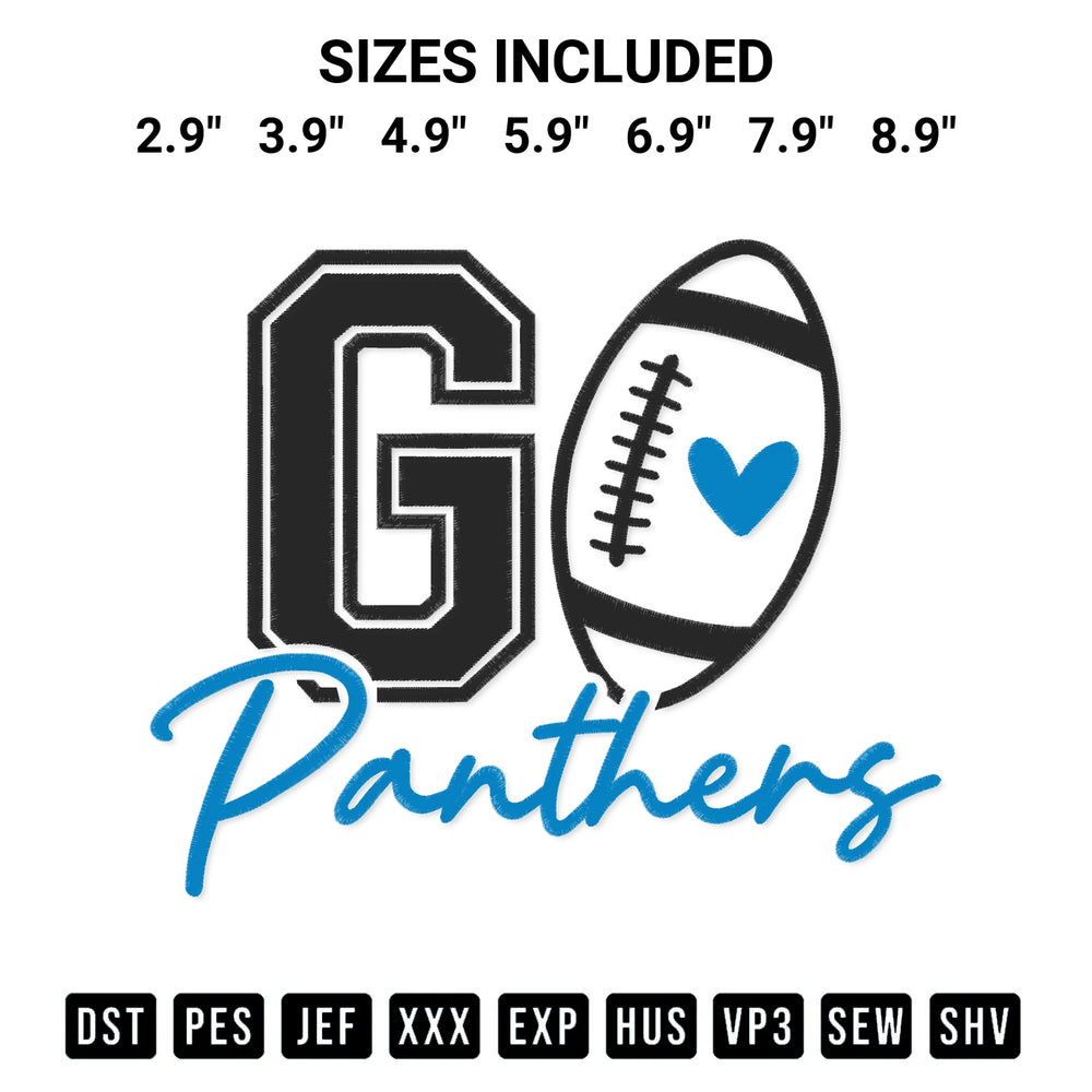 Create amazing crafts with the Go Panthers Football Embroidery Design embroidery file. High-quality digital download from Designspacks.com, perfect for beginners and pros. Available sizes: 2.9", 3.9", 4.9", 5.9", 6.9", 7.9", 8.9".