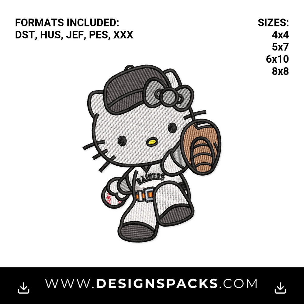 Raiders Baseball Player Cute Kitty Embroidery Design - Instant digital download pattern at Designspacks.com