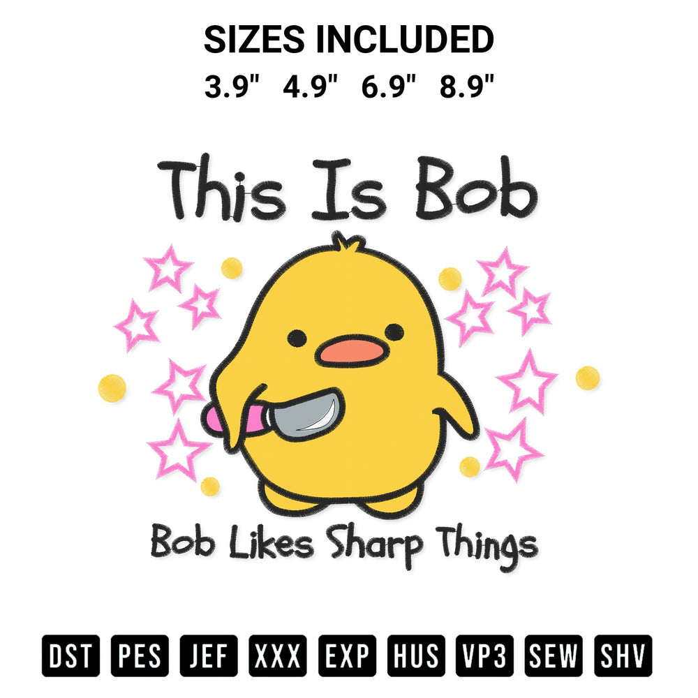 Shop the This Is Bob Knife Duck Embroidery Design machine embroidery pattern at Designspacks.com. Beautifully digitized for flawless stitching on any fabric. Available sizes: 3.9", 4.9", 6.9", 8.9".