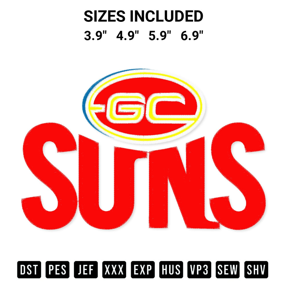 Stitch like a pro with the Afl Gold Coast Suns Logo Embroidery Design embroidery pattern from Designspacks.com. High-quality digital machine embroidery file. Available sizes: 3.9", 4.9", 5.9", 6.9".