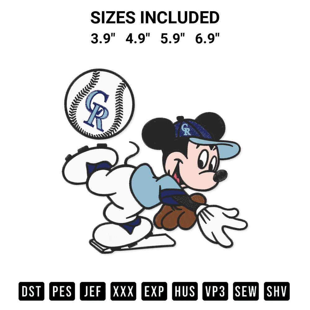 Shop the Baseball Colorado Rockies Mickey Mouse Embroidery Design machine embroidery pattern at Designspacks.com. Beautifully digitized for flawless stitching on any fabric. Available sizes: 3.9", 4.9", 5.9", 6.9".