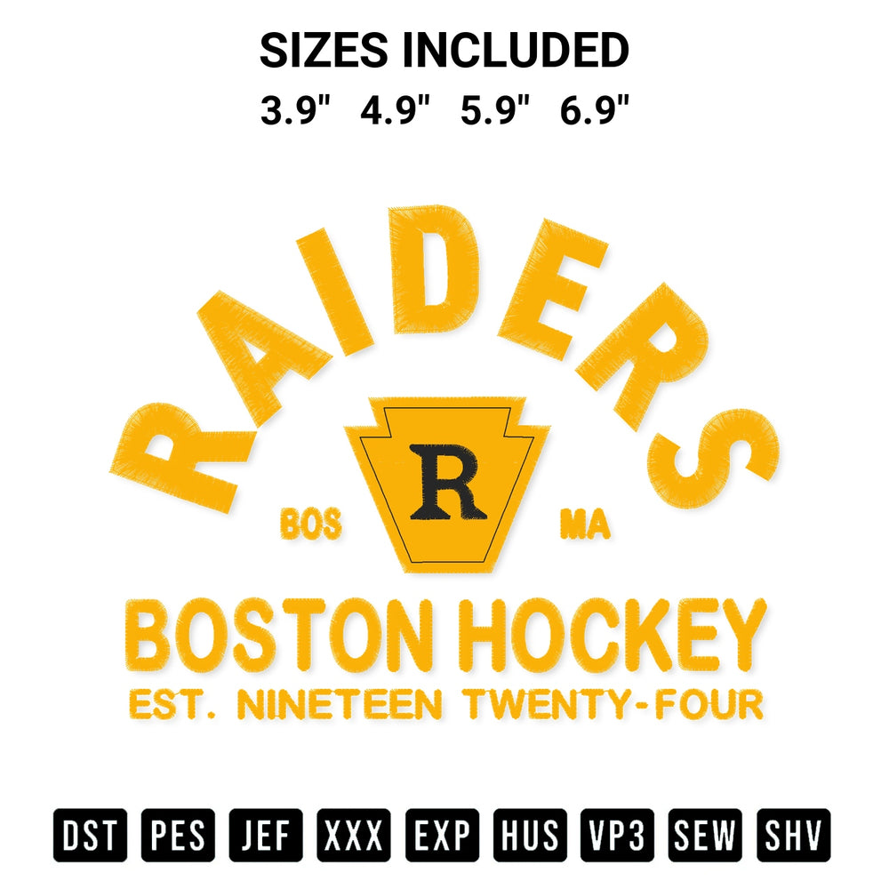 Stitch like a pro with the Raiders Boston Hockey Embroidery Design embroidery pattern from Designspacks.com. High-quality digital machine embroidery file. Available sizes: 3.9", 4.9", 5.9", 6.9".
