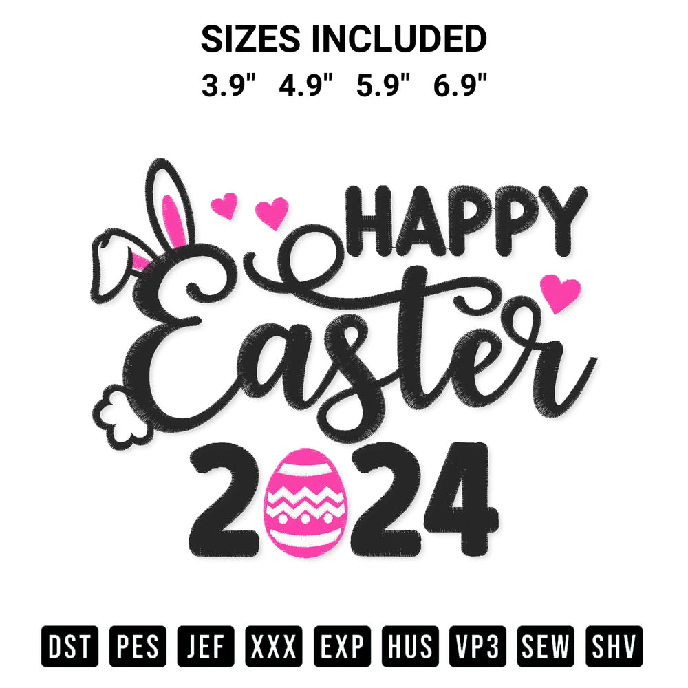 Stitch like a pro with the Happy Easter 2024 Embroidery Design embroidery pattern from Designspacks.com. High-quality digital machine embroidery file. Available sizes: 3.9", 4.9", 5.9", 6.9".