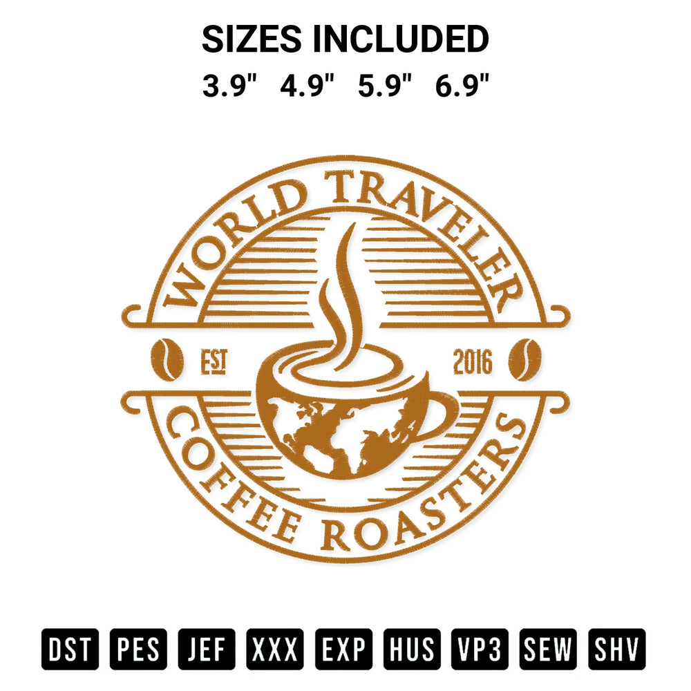 Discover the perfect addition to your crafting collection: World Traveler Coffee Roasters Embroidery Design embroidery file. Instantly available at Designspacks.com. Available sizes: 3.9", 4.9", 5.9", 6.9".