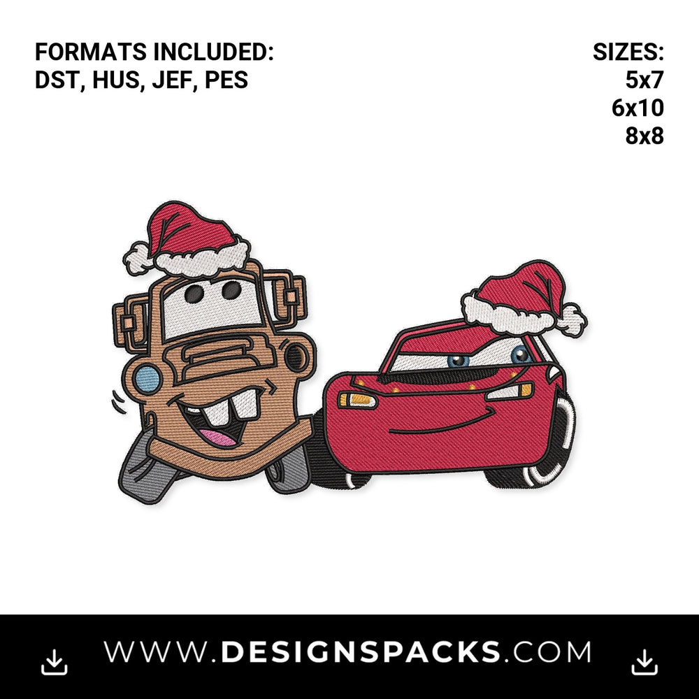Christmas McQueen and Mater Santa Hat Embroidery Design - Instant digital download pattern at Designspacks.com