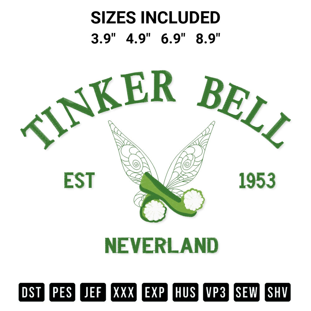 Download the Tinker Bell Neverland Embroidery Design machine embroidery design exclusively at Designspacks.com. Premium digitized pattern for apparel and DIY crafts. Available sizes: 3.9", 4.9", 6.9", 8.9".