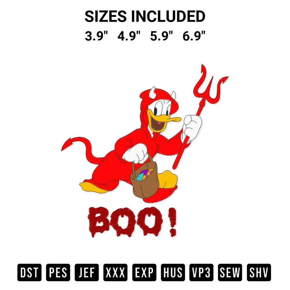 Stitch like a pro with the Boo Donald Duck Funny Embroidery Design embroidery pattern from Designspacks.com. High-quality digital machine embroidery file. Available sizes: 3.9", 4.9", 5.9", 6.9".