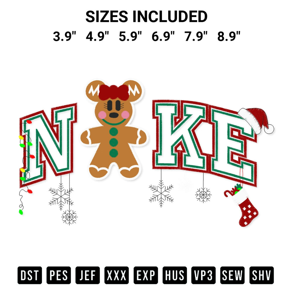 Shop the Nike Minnie Gingerbread Christmas Embroidery Design machine embroidery pattern at Designspacks.com. Beautifully digitized for flawless stitching on any fabric. Available sizes: 3.9", 4.9", 5.9", 6.9", 7.9", 8.9".
