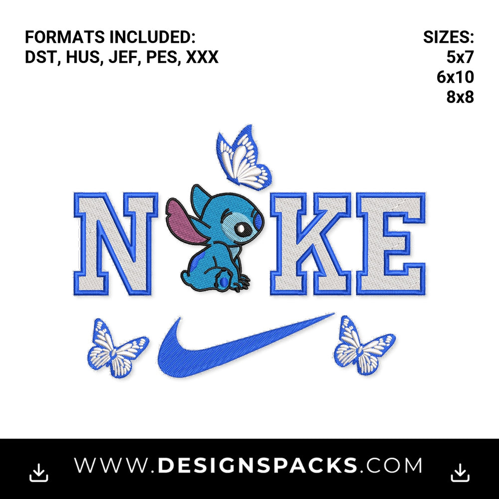 Stitch Nike Swoosh with Butterflies Embroidery Design - Instant digital download pattern at Designspacks.com