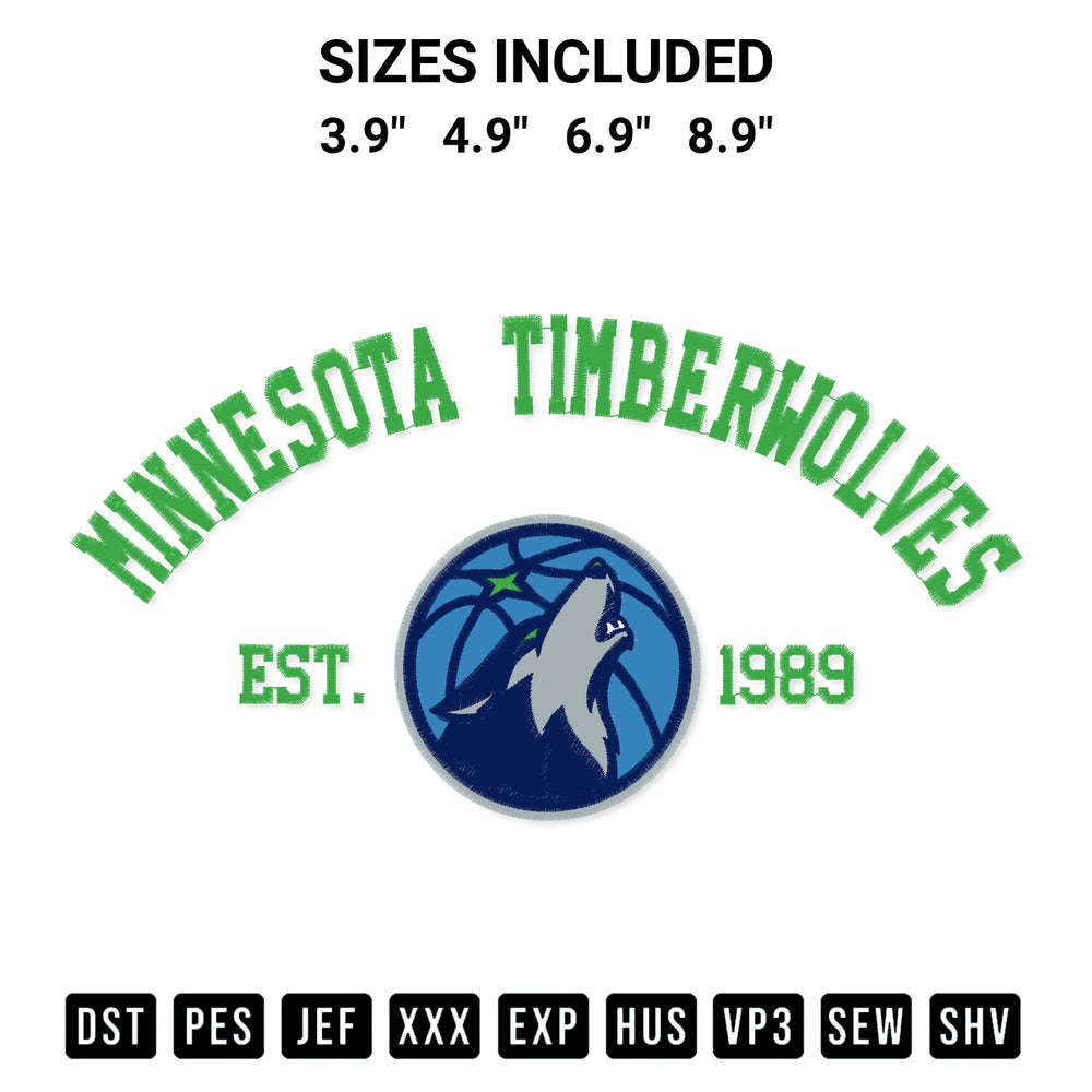 Add a unique touch to your apparel with the Minnesota Timberwolves Est 1989 Embroidery Design embroidery file. Premium instant download available now on Designspacks.com. Available sizes: 3.9", 4.9", 6.9", 8.9".
