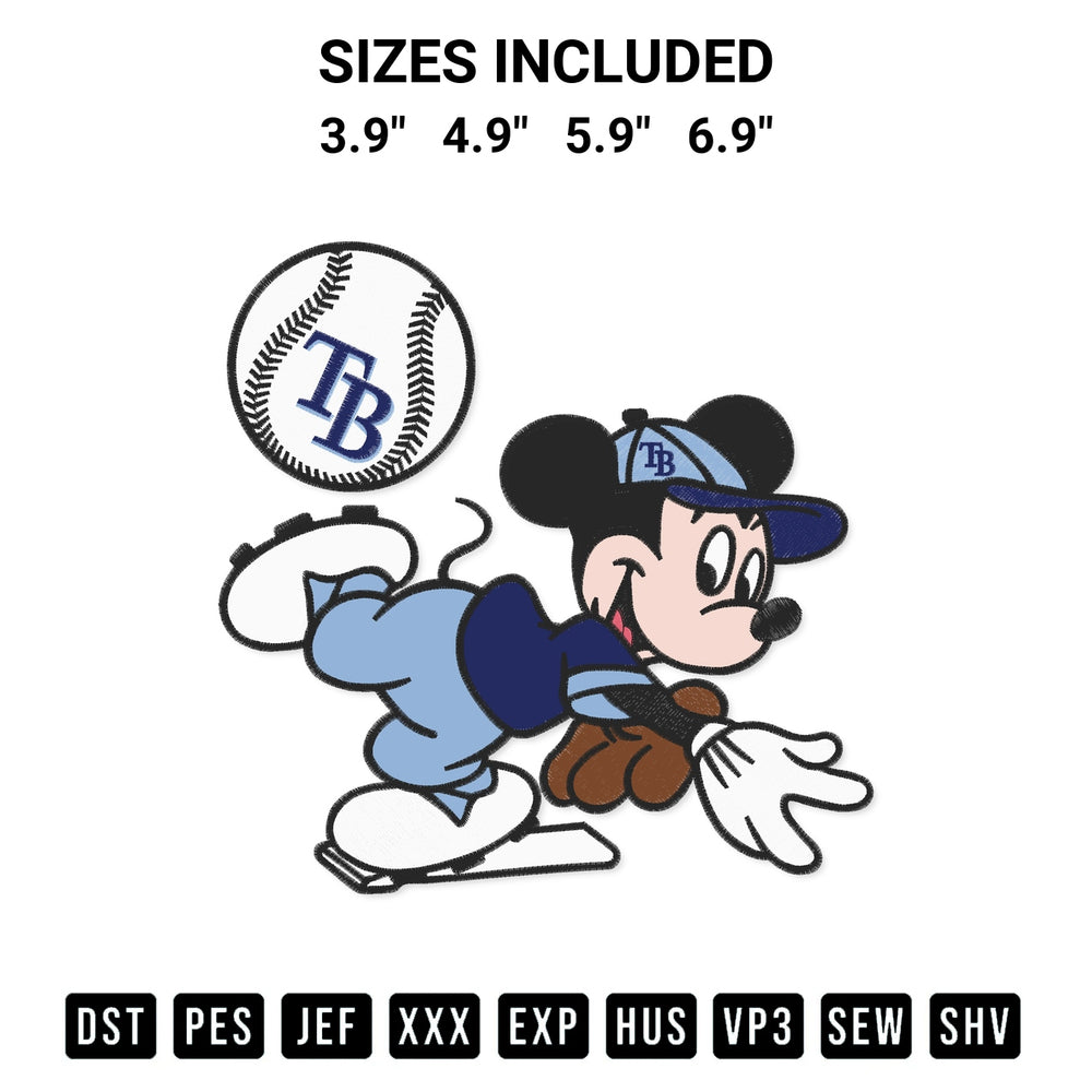 Stitch like a pro with the Baseball Tampa Bay Rays Mickey Mouse Embroidery Design embroidery pattern from Designspacks.com. High-quality digital machine embroidery file. Available sizes: 3.9", 4.9", 5.9", 6.9".