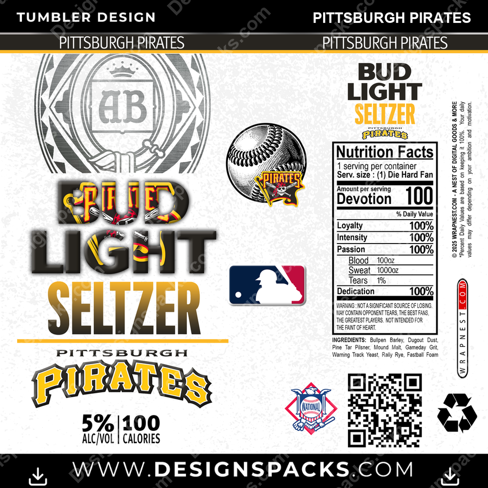 Baseball Bud Light Seltzer Pittsburgh Pirates Tumbler Digital Wrap Design