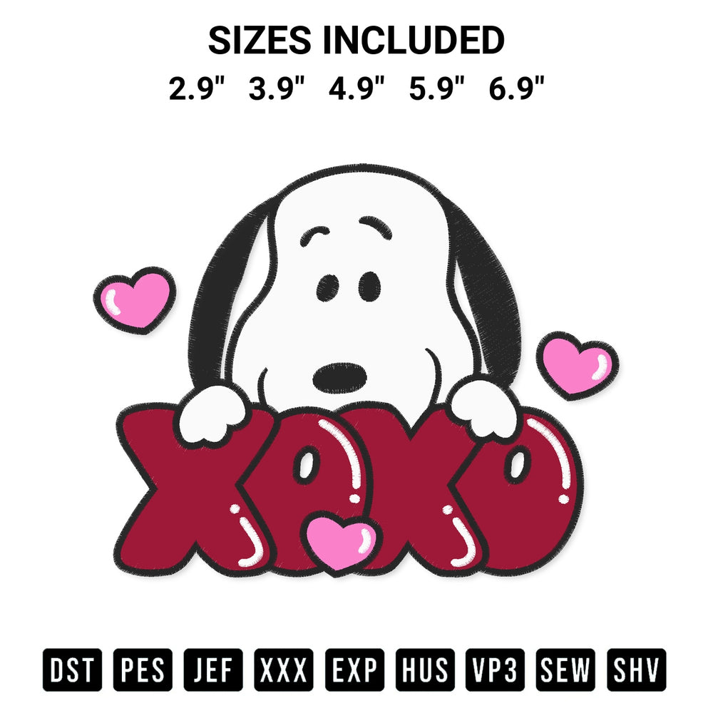 Create amazing crafts with the Snoopy Xoxo Valentine Embroidery Design embroidery file. High-quality digital download from Designspacks.com, perfect for beginners and pros. Available sizes: 2.9", 3.9", 4.9", 5.9", 6.9".