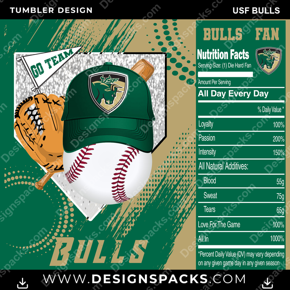 College Sport Team Fan BaseBall USF Bulls NCAA College Sport Tumbler Digital Wrap Design Download