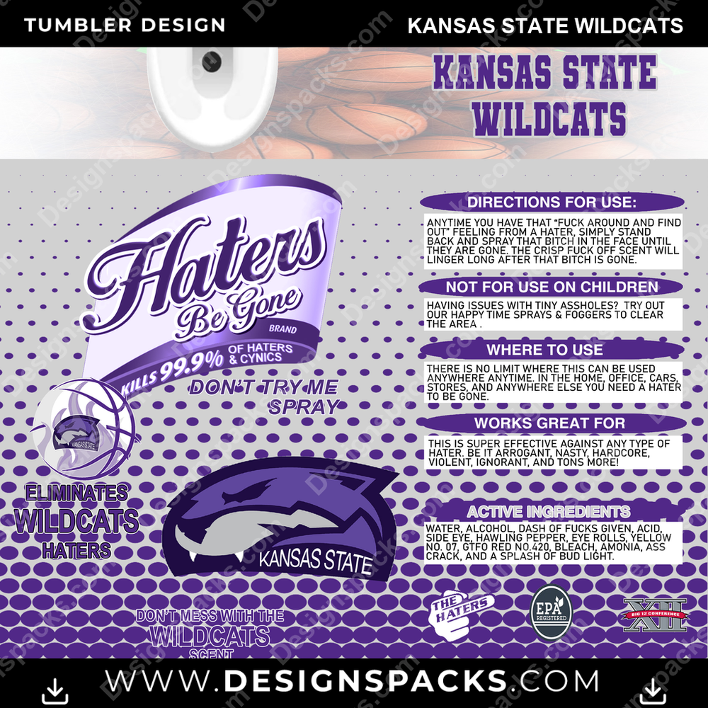 College Sport Hates Be Gone (MBB) Kansas State Wildcats Tumbler Digital Wrap Design