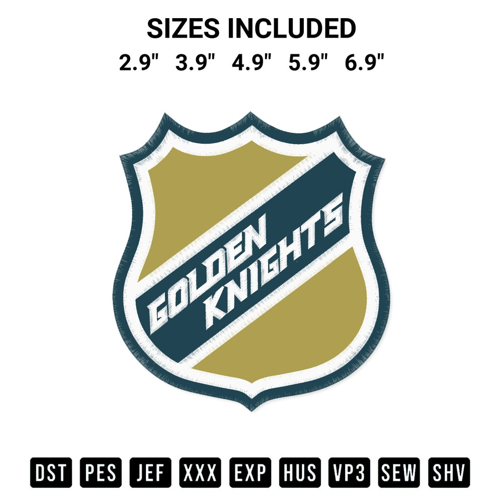 Download the Golden Knights Shield Embroidery Design machine embroidery design exclusively at Designspacks.com. Premium digitized pattern for apparel and DIY crafts. Available sizes: 2.9", 3.9", 4.9", 5.9", 6.9".