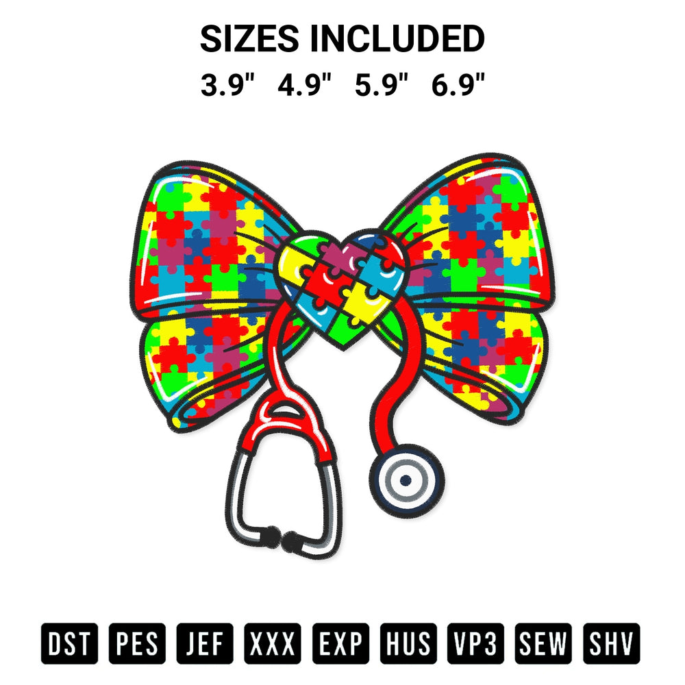 Shop the Autism Nurse Coquette Bow Embroidery Design machine embroidery pattern at Designspacks.com. Beautifully digitized for flawless stitching on any fabric. Available sizes: 3.9", 4.9", 5.9", 6.9".