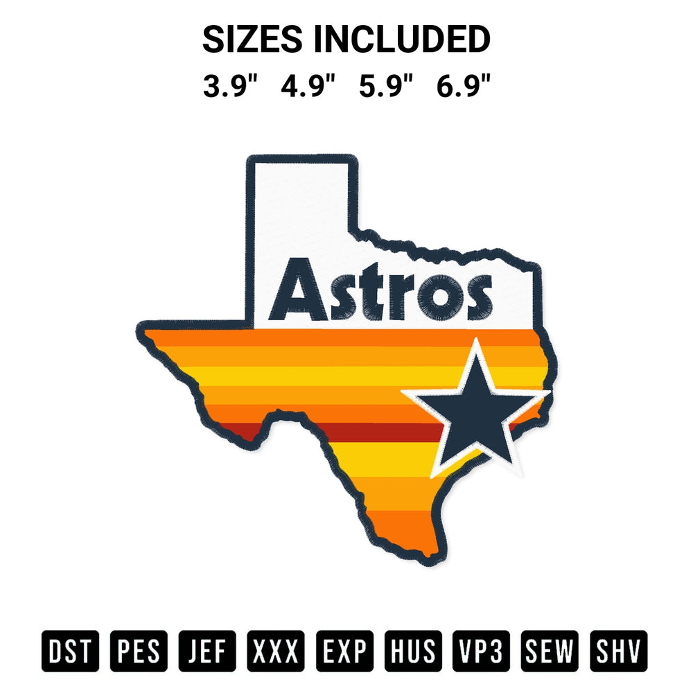 Get the Houston Astros Texas Embroidery Design embroidery design for your custom crafts! Premium digitized files available for instant download at Designspacks.com. Available sizes: 3.9", 4.9", 5.9", 6.9".