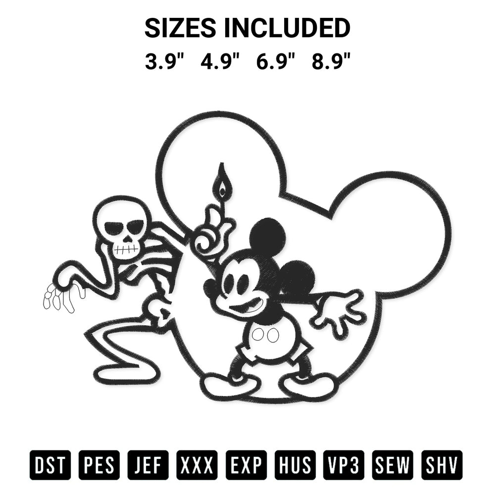 Download the Mickey Mouse And Skeleton Embroidery Design machine embroidery design exclusively at Designspacks.com. Premium digitized pattern for apparel and DIY crafts. Available sizes: 3.9", 4.9", 6.9", 8.9".