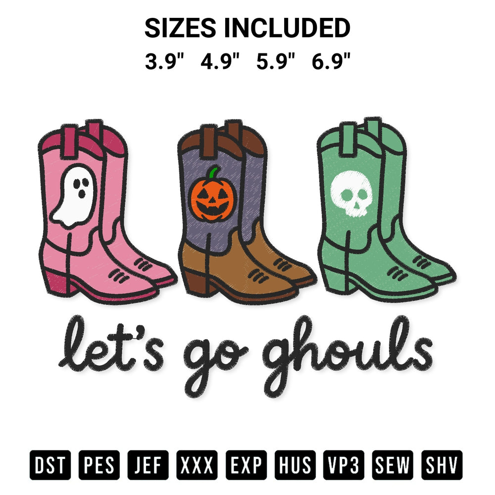 Transform your fabrics with the Lets Go Ghouls Embroidery Design embroidery design. Instant access to premium digitized patterns at Designspacks.com. Available sizes: 3.9", 4.9", 5.9", 6.9".
