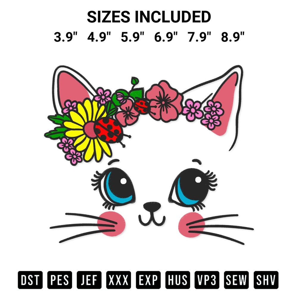 Looking for the perfect pattern? Download the Cat Face With Flower Crown And Ladybugs Embroidery Design embroidery design today at Designspacks.com. Crisp, clean stitching guaranteed. Available sizes: 3.9", 4.9", 5.9", 6.9", 7.9", 8.9".