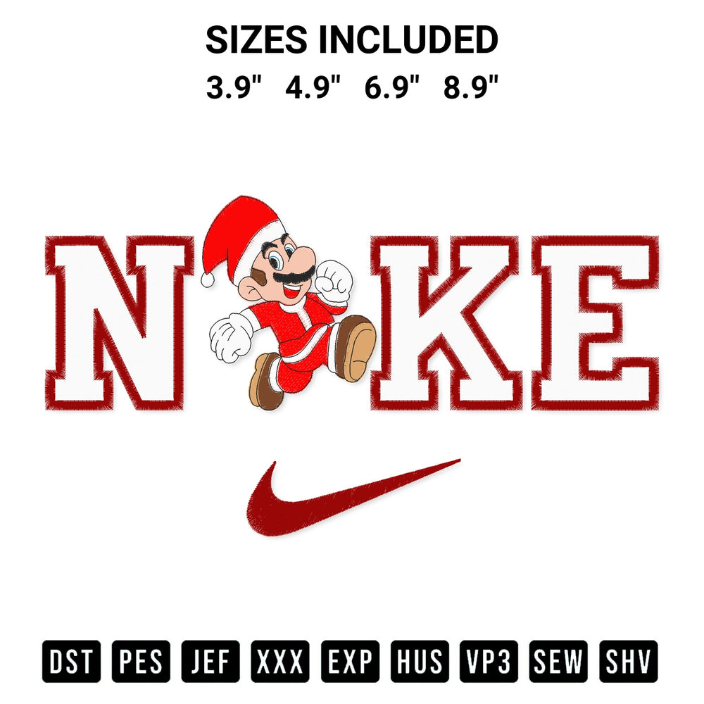 Get the Nike Mario Santa Christmas Embroidery Design embroidery design for your custom crafts! Premium digitized files available for instant download at Designspacks.com. Available sizes: 3.9", 4.9", 6.9", 8.9".
