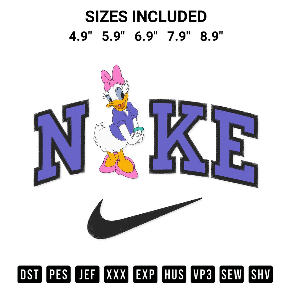 Stitch like a pro with the Nike Daisy Duck Embroidery Design embroidery pattern from Designspacks.com. High-quality digital machine embroidery file. Available sizes: 4.9", 5.9", 6.9", 7.9", 8.9".
