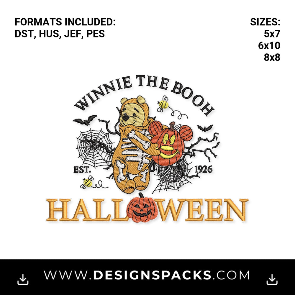 Winnie The Booh Halloween Skeleton Embroidery Design - Instant digital download pattern at Designspacks.com