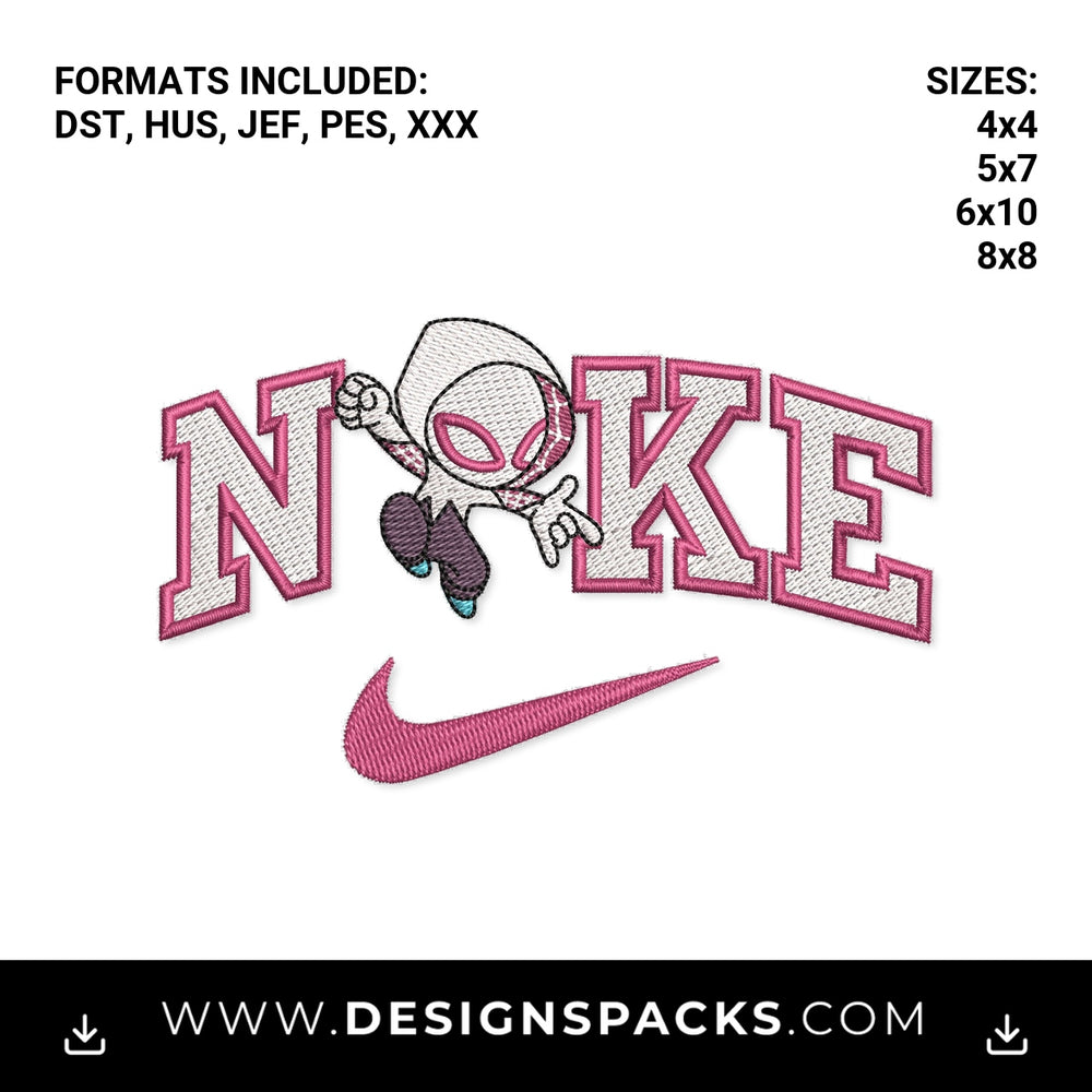 Spider-Gwen Pink Athletic Swoosh Embroidery Design - Instant digital download pattern at Designspacks.com