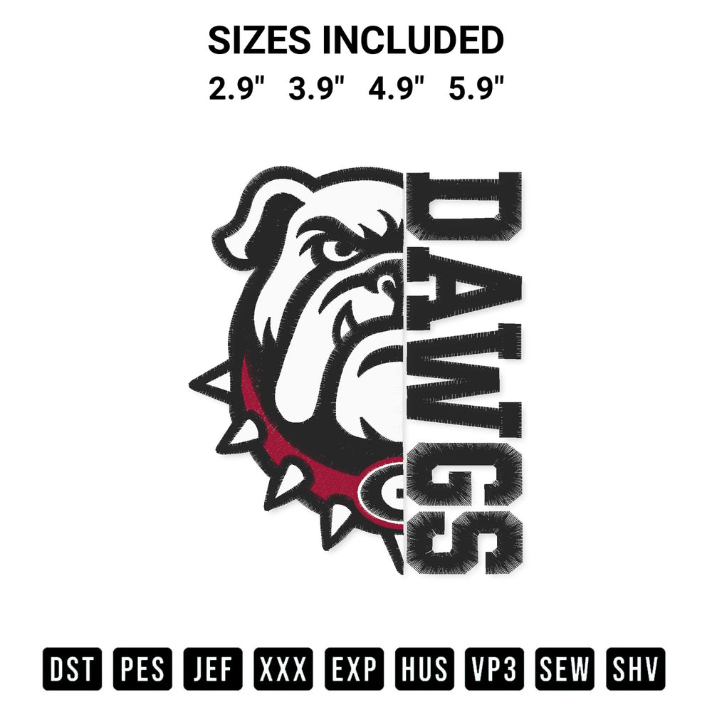 Elevate your next project with our Dawgs Split Georgia Bulldogs Embroidery Design embroidery file. Shop high-quality digital patterns instantly at Designspacks.com. Available sizes: 2.9", 3.9", 4.9", 5.9".