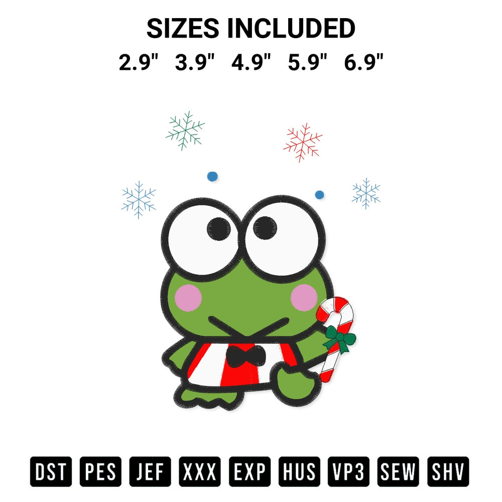 Download the Keroppi Christmas Embroidery Design machine embroidery design exclusively at Designspacks.com. Premium digitized pattern for apparel and DIY crafts. Available sizes: 2.9", 3.9", 4.9", 5.9", 6.9".