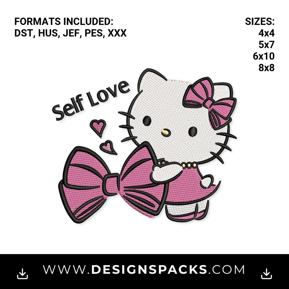 Cute Kitty Self Love Pink Bow Embroidery Design - Instant digital download pattern at Designspacks.com