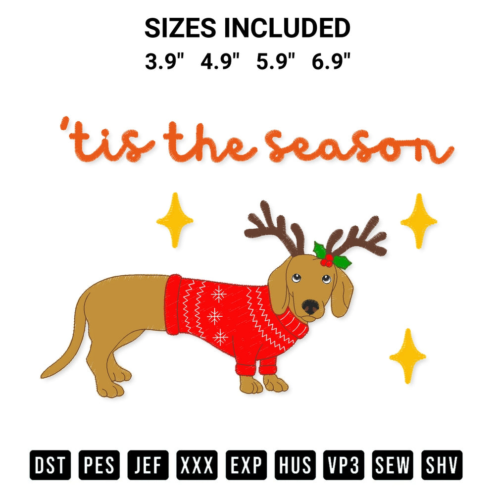 Create amazing crafts with the Tis The Season Christmas Dachshund Dog Embroidery Design embroidery file. High-quality digital download from Designspacks.com, perfect for beginners and pros. Available sizes: 3.9", 4.9", 5.9", 6.9".