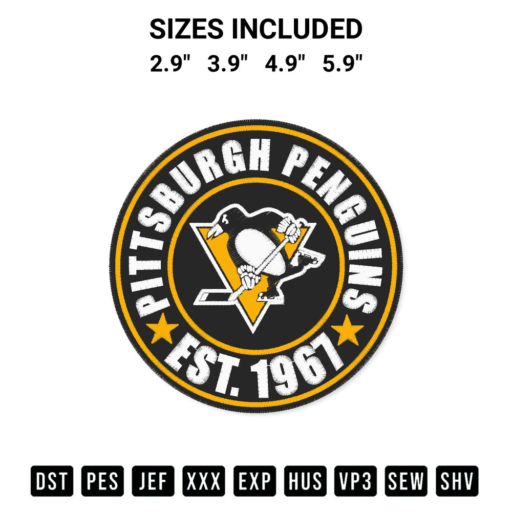 Shop the Pittsburgh Penguins Est 1967 Circle Embroidery Design machine embroidery pattern at Designspacks.com. Beautifully digitized for flawless stitching on any fabric. Available sizes: 2.9", 3.9", 4.9", 5.9".