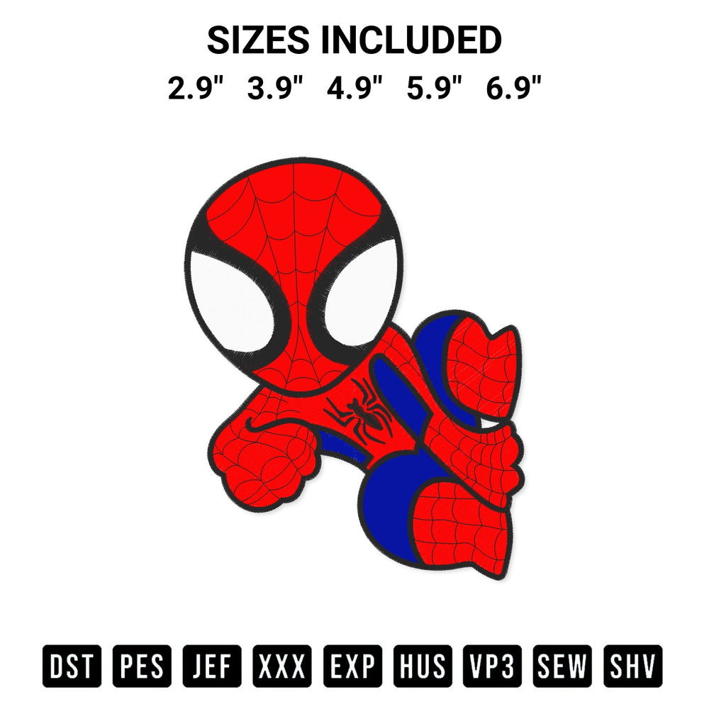 Shop the Baby Spider Man Embroidery Design machine embroidery pattern at Designspacks.com. Beautifully digitized for flawless stitching on any fabric. Available sizes: 2.9", 3.9", 4.9", 5.9", 6.9".