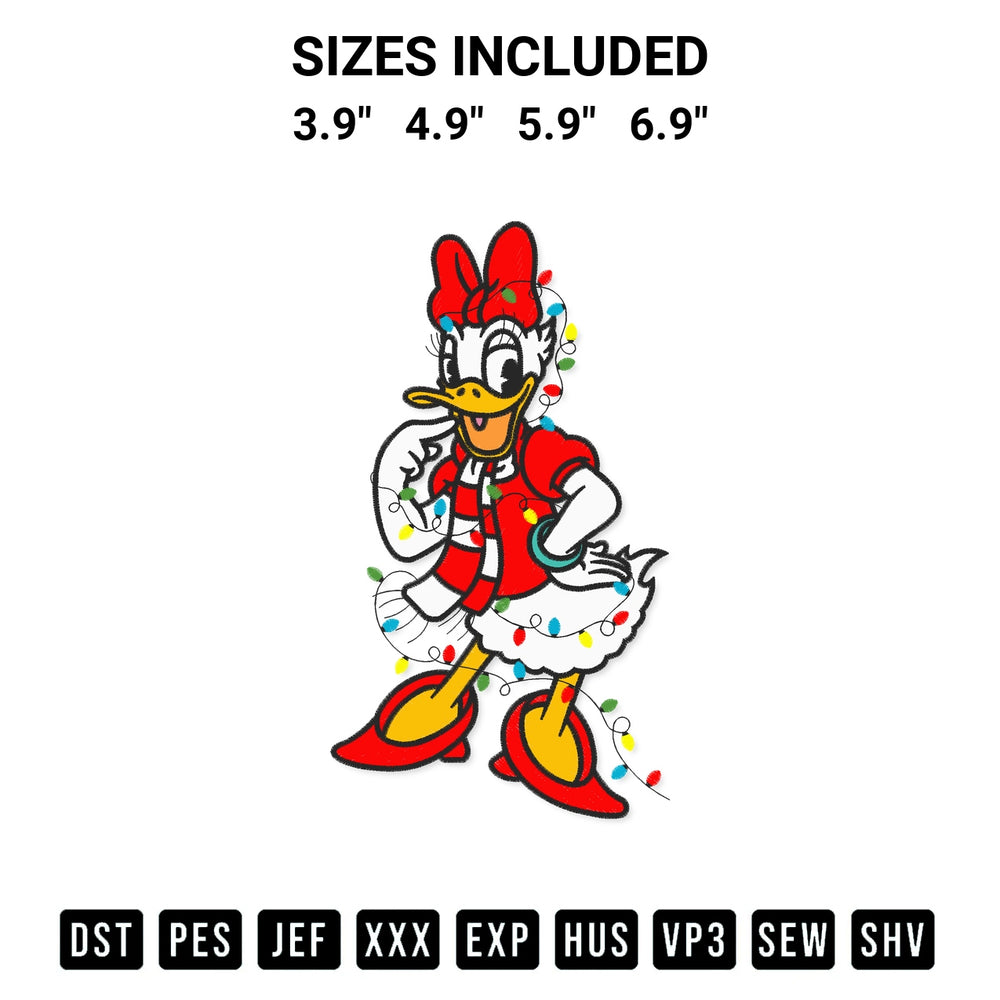 Shop the Daisy Duck Christmas Lights Embroidery Design machine embroidery pattern at Designspacks.com. Beautifully digitized for flawless stitching on any fabric. Available sizes: 3.9", 4.9", 5.9", 6.9".