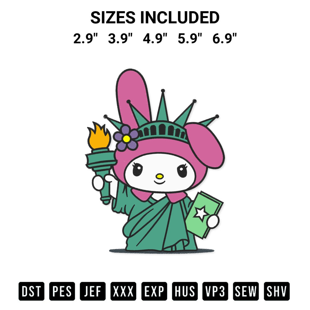 Discover the perfect addition to your crafting collection: My Melody Statue Of Liberty Embroidery Design embroidery file. Instantly available at Designspacks.com. Available sizes: 2.9", 3.9", 4.9", 5.9", 6.9".