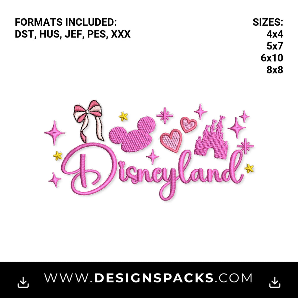 Pink Disneyland Castle Mouse Ears Bow Embroidery Design - Instant digital download pattern at Designspacks.com