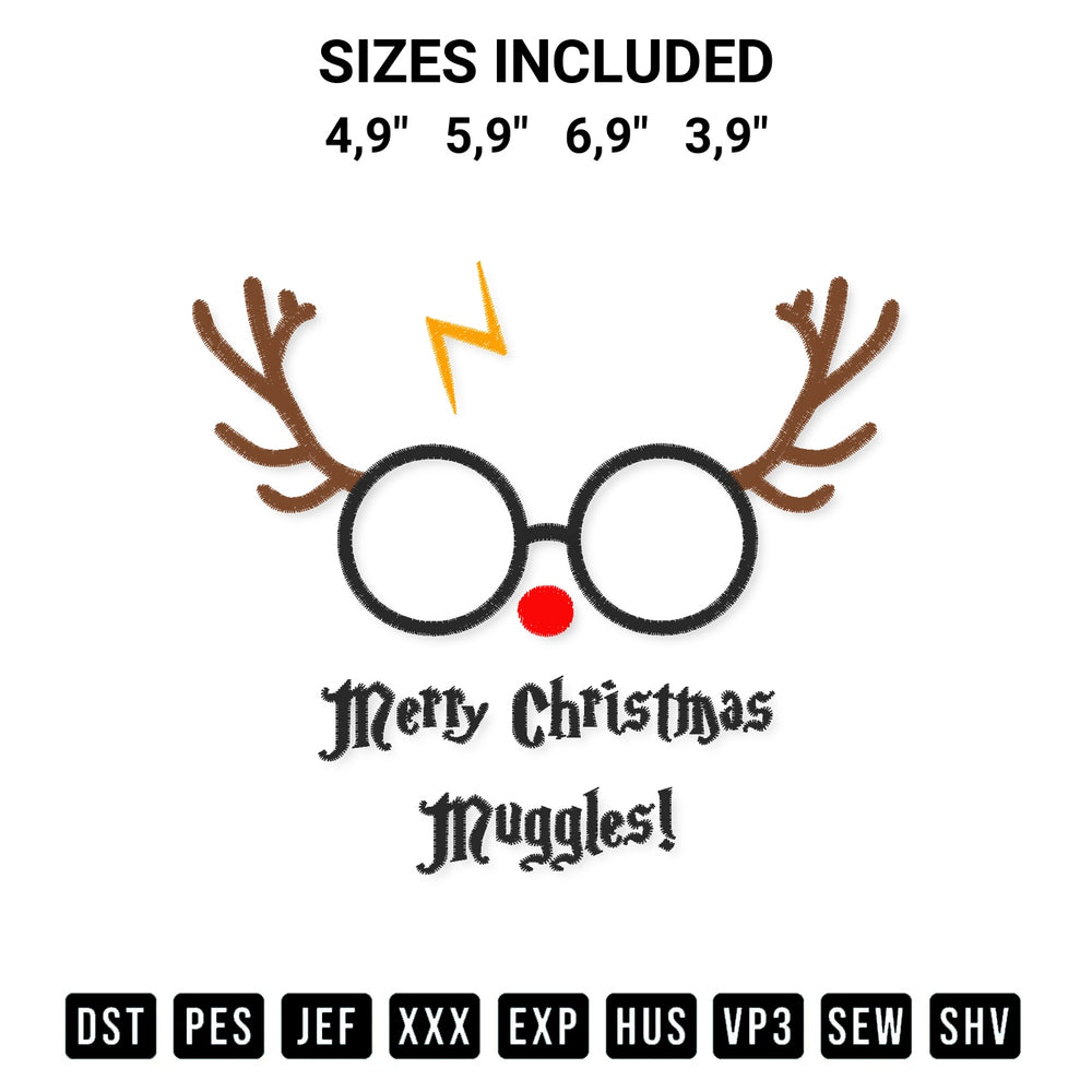 Shop the Merry Christmas Muggles Harry Potter Reindeer Christmas Wizard Logo Embroidery Design machine embroidery pattern at Designspacks.com. Beautifully digitized for flawless stitching on any fabric. Available sizes: 4,9", 5,9", 6,9", 3,9".