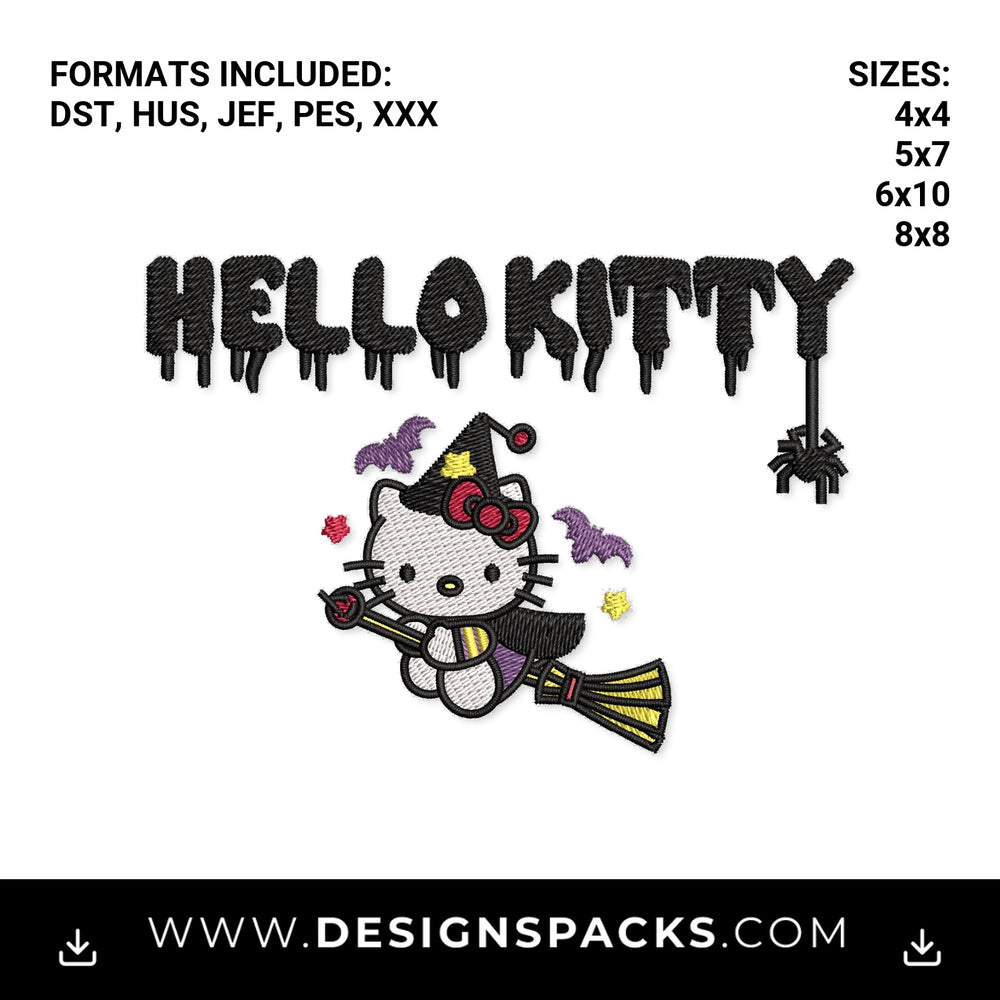 Halloween Hello Kitty Witch on Broom Embroidery Design - Instant digital download pattern at Designspacks.com