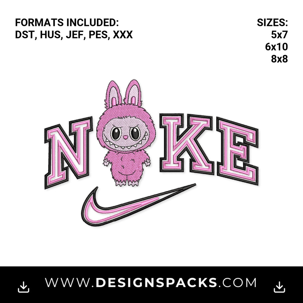 Pink Labubu Bunny Swoosh Embroidery Design - Instant digital download pattern at Designspacks.com