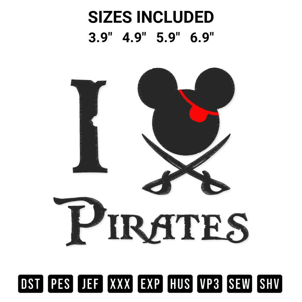 Download the Disney I Love Pirates Embroidery Design machine embroidery design exclusively at Designspacks.com. Premium digitized pattern for apparel and DIY crafts. Available sizes: 3.9", 4.9", 5.9", 6.9".