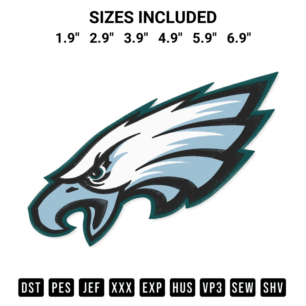 Download the Philadelphia Eagles Logo Embroidery Design machine embroidery design exclusively at Designspacks.com. Premium digitized pattern for apparel and DIY crafts. Available sizes: 1.9", 2.9", 3.9", 4.9", 5.9", 6.9".